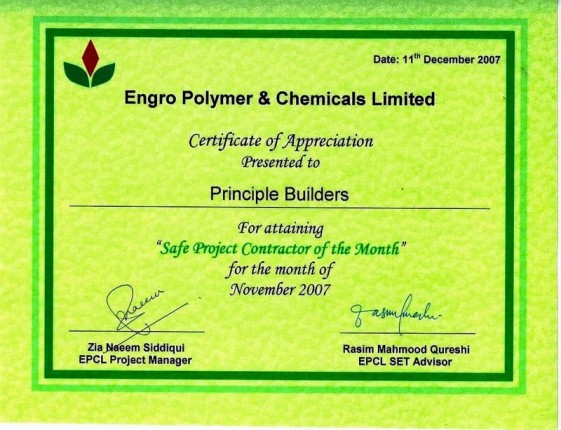 Awarded for Safe Construction Practices on Engro Project